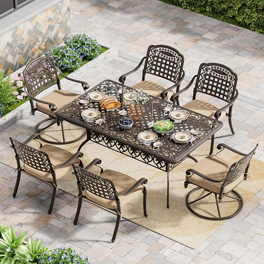 Grepatio 7 Piece Cast Aluminum Outdoor Dining Set, Patio Furniture Set with 2“ Umbrella Hole and 4 Chair & 2 Swivel Chairs with Cushions, Dining Furniture Set for Porch Poolside Garden (Khaki Grid)