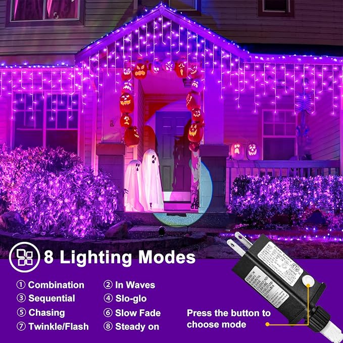 66ft Purple Christmas Lights Outdoor, 640 LED Icicle Lights for Outside Indoor Twinkle Lights with Connectable Clear Wire 8 Modes Timer Waterproof for House Party Tree Holiday Yard Decorations