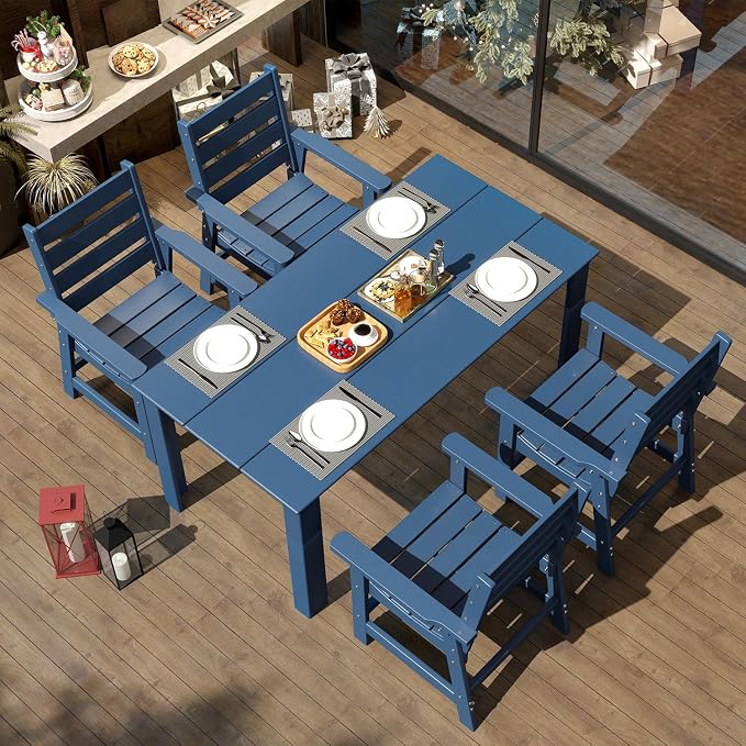 IVY&LANE Outdoor Dining Table | HDPE | 67’’ Rectangle Tables | Blue | All Weather | Umbrella Hole | Patio Furniture | for Poolside Lawn Garden Backyard