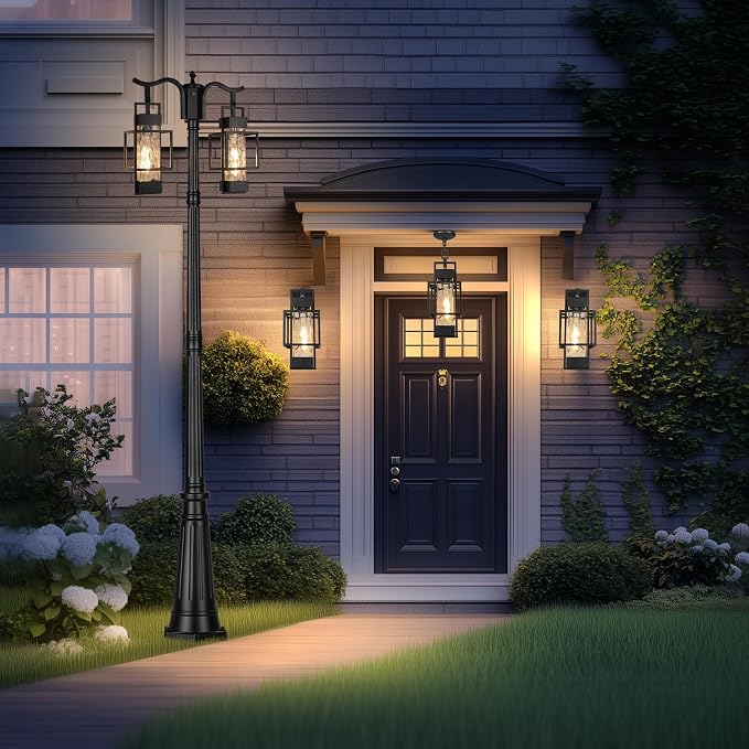 Dusk to Dawn Outdoor Lamp Post Light 2-Head, Hardwired Street Light Post for Outside Metal Pole Light Outdoor Lighting with Water Glass Shade for Garden Patio Backyard Walkway Driveway