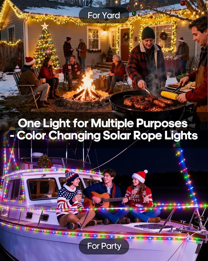 ICRGB Solar Rope Lights Outdoor, 66Ft 200LED 1800mAh Christmas String Lights with Remote, Type C, 19 Modes & Timer, IP67 Waterproof, Solar Light for Tree Patio Porch, Warm White to Multicolor | Type C & Solar, 19 Modes, Waterproof, With Remote, Timer, ...