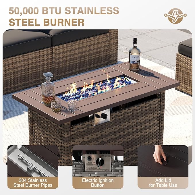 Aoxun Patio Furniture Sets, 9-Piece Outdoor Patio Furniture with 44'' Propane Gas Firepit Table and 11FT X 11FT Cantilever Umbrella, Wicker Outdoor Conversation Set for Backyard