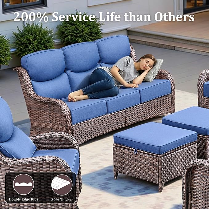 Luxury High Back Patio Furniture Set with 6-Inch Thick Cushions, 8-Pieces Outdoor Furniture with Swivel Chairs, Wicker Conversation Set for Porch, Balcony, Deck and Yard, Brown/Blue