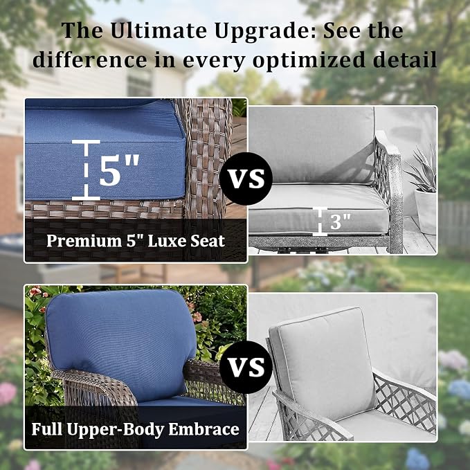 Patio Furniture Set, All Weather 3 PCS Wicker Outdoor Small Sectional Set, 5" Thick Rattan Conversation Set with 3-seat Sofa and Ottoman for Lawn, Garden, Blue/Brown Wicker