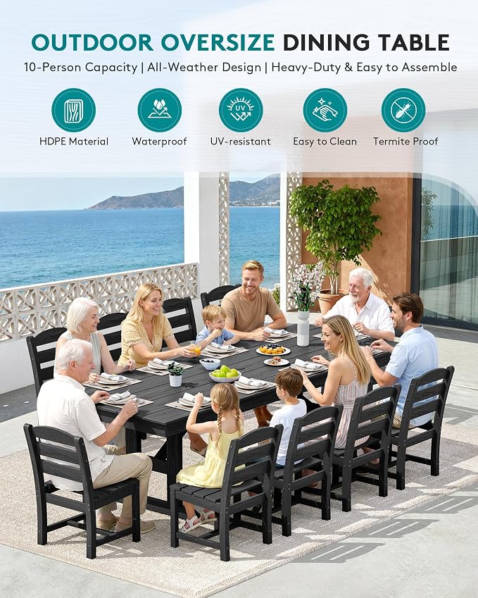 SERWALL 10 Piece Outdoor Dining Set with 15ft Triple-Head Foldable Umbrella(Based not Included), 84" HDPE Outdoor Table and Armless Chairs Set for 8, Black