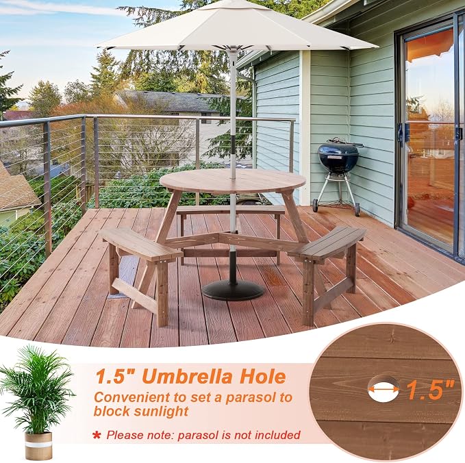 GYMAX Picnic Table, 6 People 1720lbs Wooden Picnic Table Bench Set with Umbrella Hole, Heavy Duty Outdoor Camping Dining Table with Seat for Patio Lawn Backyard Garden Deck Poolside