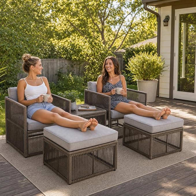 5 Piece Patio Furniture Set, Outdoor Sectional Sofa Set with 2 Ottomans, Coffee Table, Washable Cushions, All Weather Patio Wicker Conversation Set with Arm Chairs for Backyard, Porch, Balcony, Deck