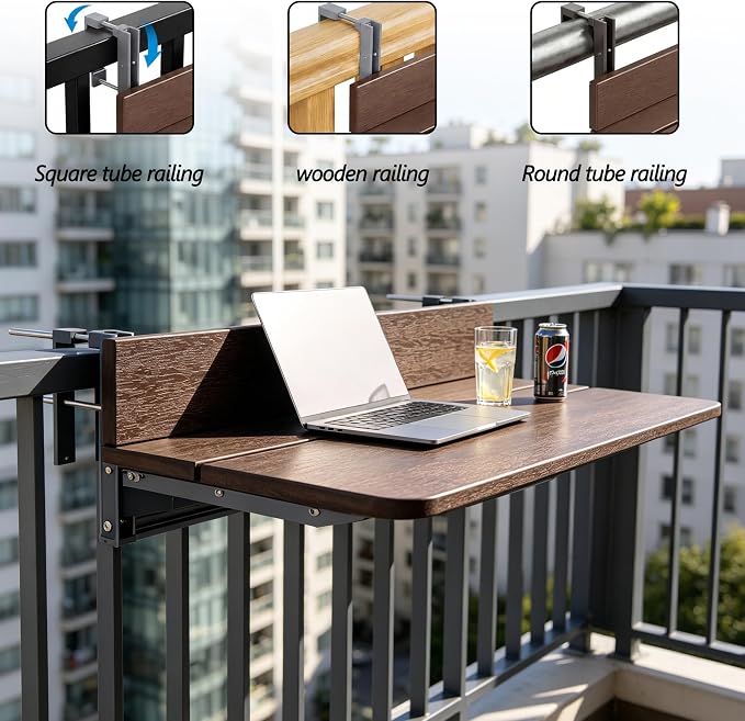 Balcony Bar Table for Railings, Outdoor Hanging Folding Adjustable Height Deck Rail Table for Patio, Garden, Rustproof Aluminum Alloy Frame,Weather Resistant, Easy Assembly