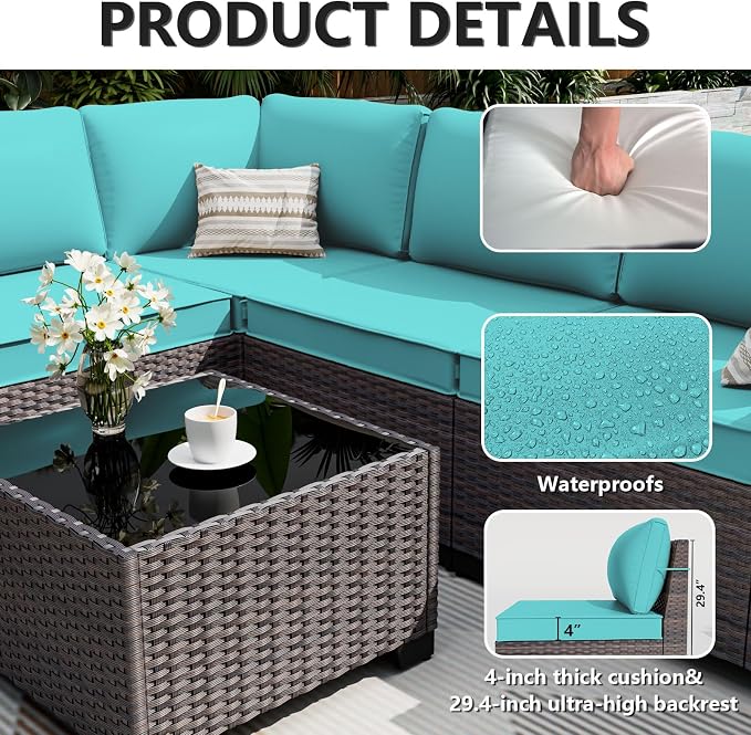 ALAULM 12 Pieces Outdoor Patio Furniture Set Sectional Sofa Sets Brown PE Rattan Patio Conversation Set w/10 Turquoise Blue Seat Cushions and 2 Coffee Tables