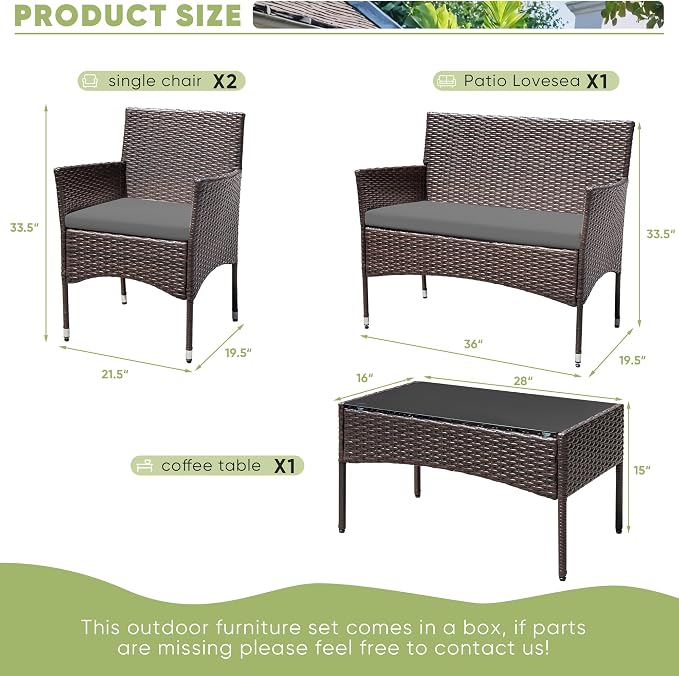 Greesum Patio Furniture 4 Pieces Conversation Sets Outdoor Wicker Rattan Chairs Garden Backyard Balcony Porch Poolside loveseat with Cushion and Glass Table, Brown and Grey