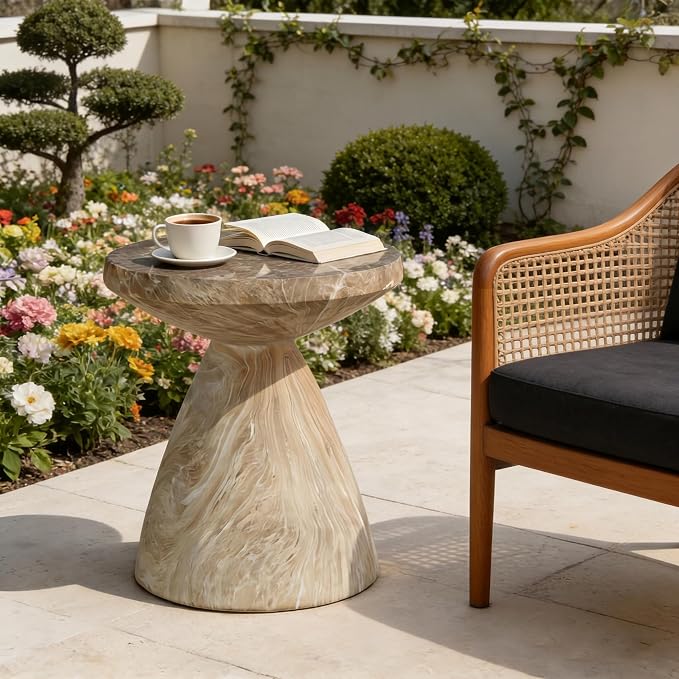 18 x 21 Inch Sculptural Round Outdoor Side Table for Patio, Weather-Resistant Faux Terrazzo Garden Stool, Modern Patio Accent Table for Indoor and Outdoor Use, Drum End Tables, Marble Color