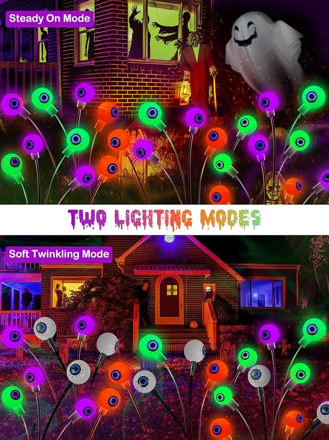 6 Pack Solar Halloween Decorations Outdoor 36 LED Solar Eyeball Lights | Orange Purple Green Halloween Lights, Sway by Wind, IP65 Waterproof, 2 Modes, for Pathway Garden Yard Lawn Horror Party Decor