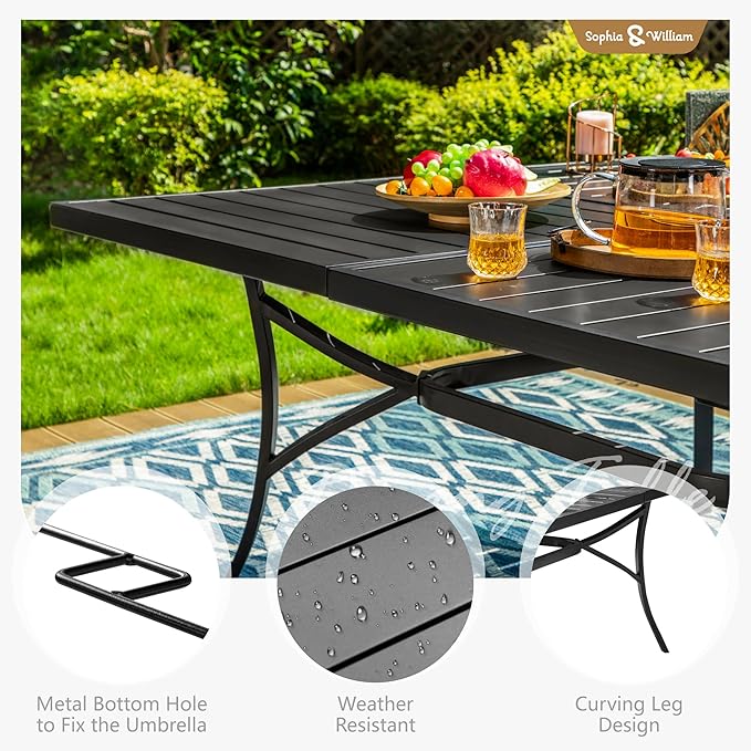 Sophia & William Patio Dining Set for 8, Metal Table & Blue Folding Chairs | Light-weight & space-saving, Breathable & quick-drying, 8 person, Umbrella Hole, Weather-Resistant, Adjustable, Outdoor