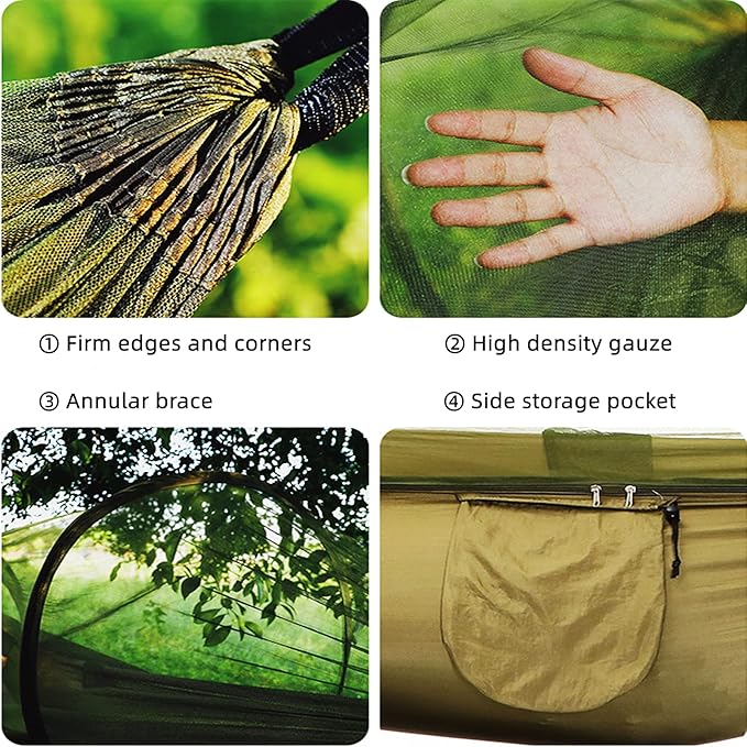 LFL Camping Hammock with Mosquito Net, Hammocks with Bug Net 13ft Tree Straps Carabiners, Automatic Quick Open Outdoor Portable Hammock with Net, Nylon Parachute Material Outside Hiking Gear (Green)