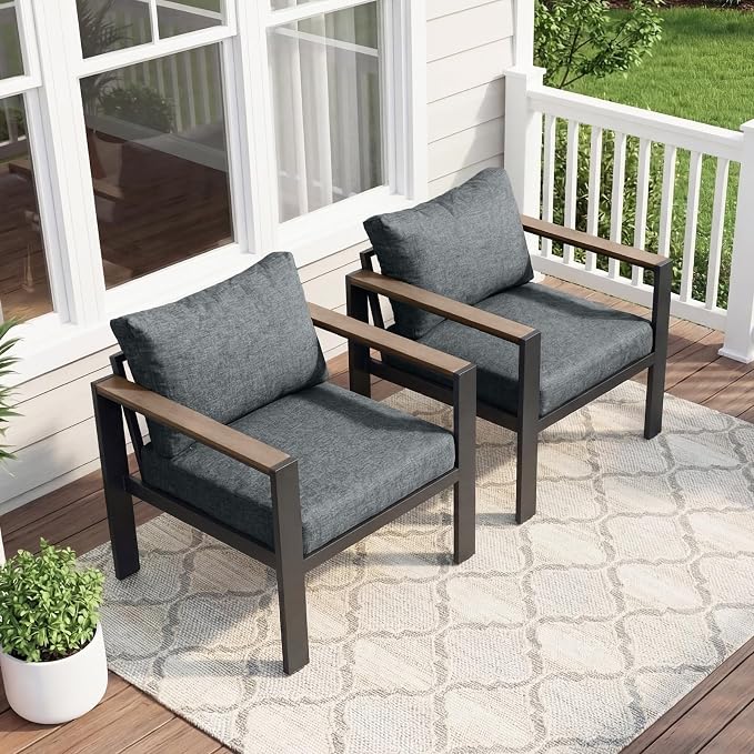 Outdoor Patio Furniture Set 2 Pieces Armchair with Washable Thick Cushions, Luxury Aluminum Patio Furniture Chair Modern Outside Sectional Set for Porch, Balcony, Deck, Yard, Gray