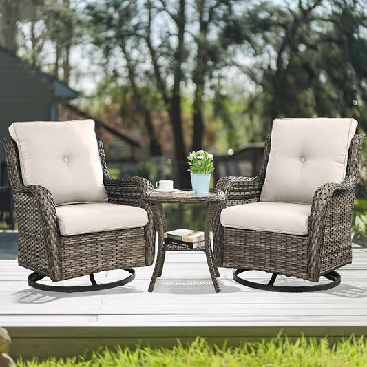 HUMMUH 3-Piece Swivel Rocking Rattan Chair Outdoor, Patio Bistro Furniture Conversation Set, Cushioned Wicker Chair with Glass Side Table(Grey, Beige)