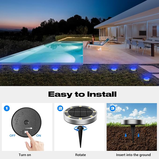 Mini Solar Ground Lights Outdoor, 8 Pack Flat Solar Powered Disc Lights, IP68 Waterproof, Anti-Rust, Landscape Lighting for Pathway Garden Yard Lawn Walkway Landscape Driveway, Blue