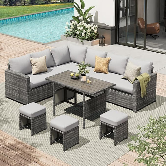 AECOJOY Outdoor Patio Furniture Set, 7 Pieces Clearance Sectional Rattan Dining Table&Chairs, All Weather Wicker Conversation Sofa Couch with Ottoman, Light Grey Cushions&Grey Rattan
