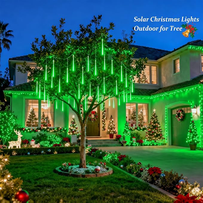 JMEXSUSS Green Solar Lights Outdoor for Halloween, 8 Tube 144 LEDs | Solar Meteor Shower Rain Lights, Green Christmas Light for Tree Eaves Yard Fence Porch Decor