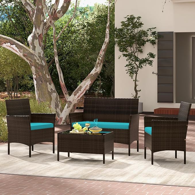 Tangkula 4 Piece Patio Rattan Conversation Set, Outdoor Wicker Furniture Set with Chair, Loveseat & Tempered Glass Table, Cozy Seat Cushions, Outside Sectional Sofa Set for Backyard (1,Turquoise)