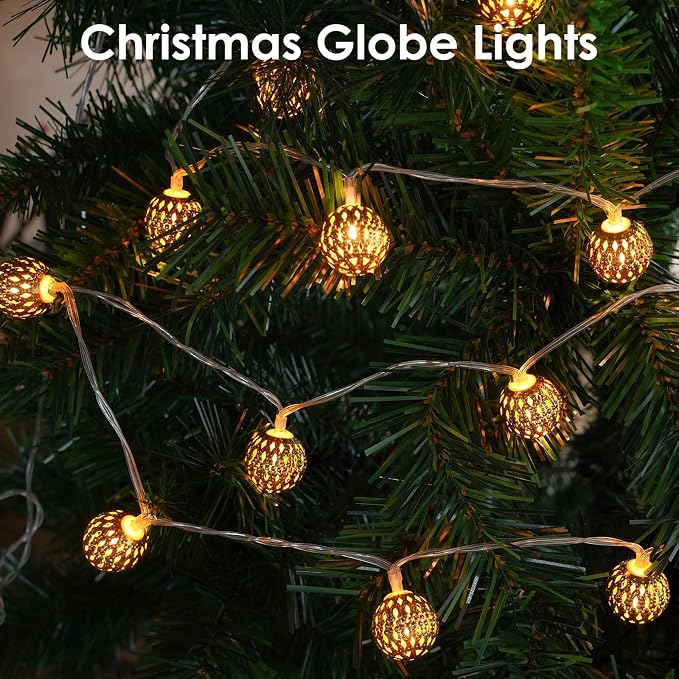 Moroccan String Lights Battery Operated 60 LED 36 FT Globe Fairy Lights | Warm White String Light for Bedroom, 8 Lighting Modes & Timer, for Party Wedding Garden Christmas Indoor Decor
