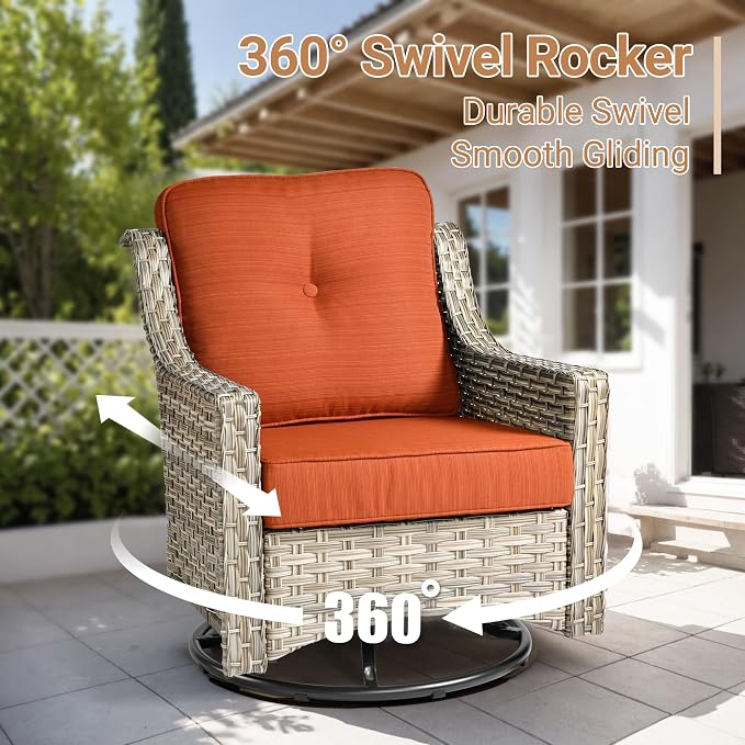HOOOWOOO Outdoor Patio Furniture Set,10 Pieces Wicker Out Door Sectional Furniture L Shaped Couch,Patio Conversation Sets with Swivel Rocking Chair LED Table,Brick Red