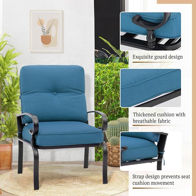 5 Pcs (6 Seats) Metal Outdoor Patio Furniture Conversation Sets, Glider, Loveseat and Coffee Table, 2 Lounge Chairs with Cushions (Peacock Blue)
