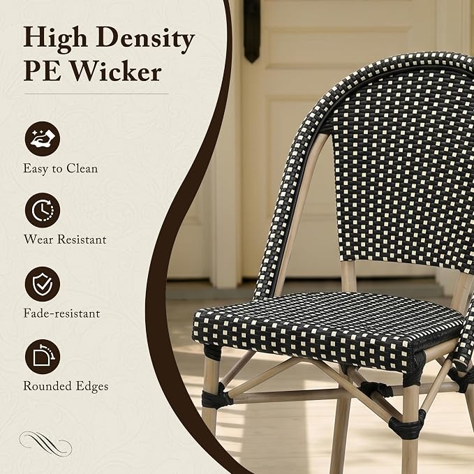 PURPLE LEAF 7-Piece French Bistro Dining Set Rectangle Outdoor Patio Table and 6 Armless Chairs Tempered Glass Top PE Rattan Champagne Print Finish Aluminum Frame Black