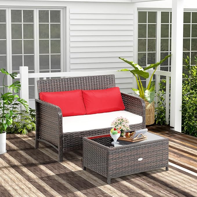Tangkula 2-Piece Outdoor Patio Wicker Furniture Set, PATIOJOY Patio Loveseat and Coffee Table Set with Cushions, Outdoor Conversation Set for Porch, Balcony and Backyard