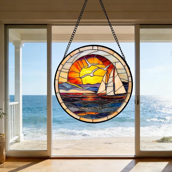 DASTOLL Stained Glass Window Hanging, Sun Ocean Sailboat Seagull Abstract Suncatcher Diamond Glass Panel Sun Catchers Decor for Birthday for Women, Men, Wife, Aunt, and Mom 7.8 in