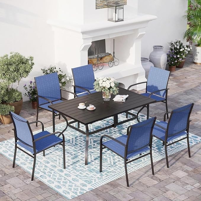 SUNSHINE VALLEY 7 Piece Patio Dining Set for 6, Rectangular Metal Dining Table with Umbrella Hole and 6 Chairs, Outdoor Table and Chairs Set for Lawn Backyard and Deck, Blue