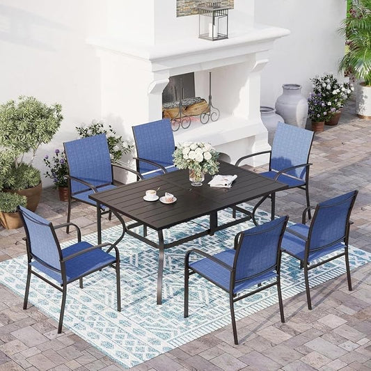 SUNSHINE VALLEY 7 Piece Patio Dining Set for 6, Rectangular Metal Dining Table with Umbrella Hole and 6 Chairs, Outdoor Table and Chairs Set for Lawn Backyard and Deck, Blue
