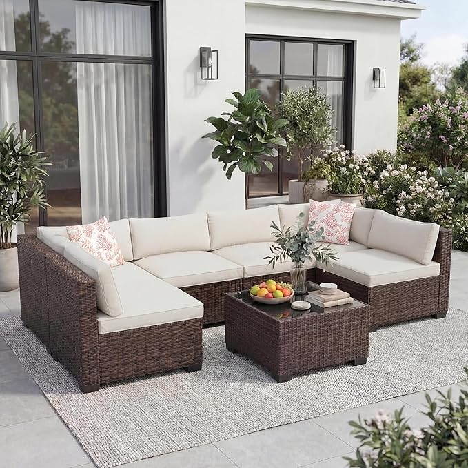 7 PCS Outdoor Sectional Furniture Set, Wicker Conversation Set Sofa, Brown | Freely combinable outdoor conversation sofa Weather resistant rattan wicker furniture Easy clean