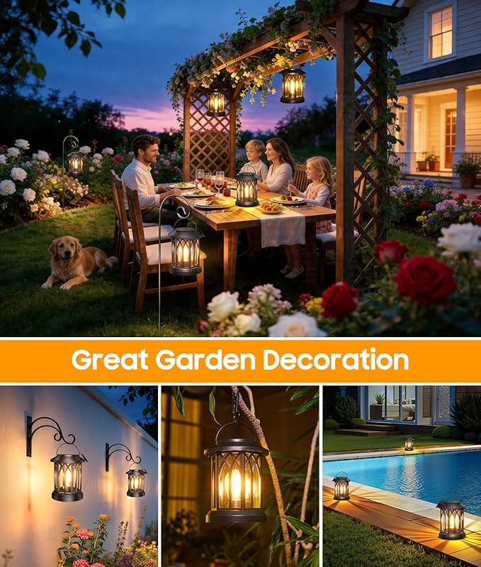 Solar Lanterns Outdoor Waterproof 4 Pack, Upgraded Solar Lantern Outdoor Lights with Wall Mount Kit, Hanging Solar Lights for Outside Decorative Patio Yard Path Porch Garden Decor