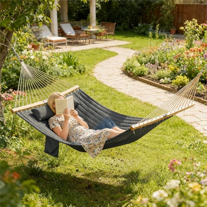2-Person Tree Hammock Outdoor, Portable Double Hammock Without Stand, Detachable Headrest Magazine Pocket, 450 lbs Capacity, Camping Patio Backyard Indoor Outdoor Hammock Bed (Gray)