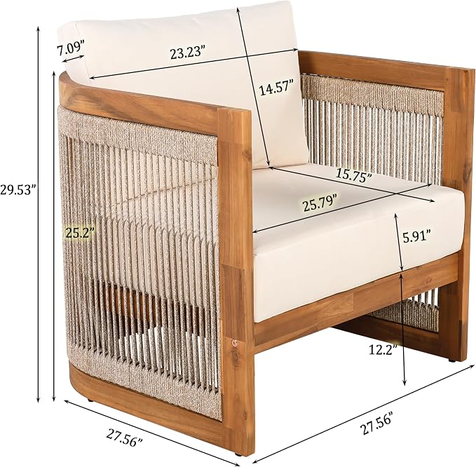 KLMM 4-Piece Patio Seating Group with 2 Chairs, Loveseat & Table,Acacia Wood Outdoor Furniture Set, Curved Tub Design with Woven Rope Accents,for Patio Balcony Garden (Teak+Beige-PP)