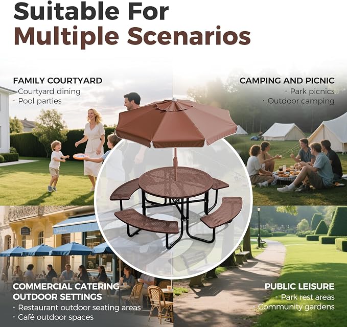 83" Round Heavy Duty Picnic Table for Outdoors Commercial Camping Table with Umbrella Hole up to 1.78" Brown Coated Steel Frame Waterproof Rust Resistant 3200 lbs Load Capacity