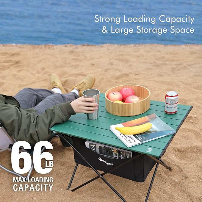 VILLEY Portable Camping Side Table, Ultralight Aluminum Folding Beach Table with Carry Bag and Under-Table Storage Hammock for Outdoor Cooking, Picnic, Camp, Boat, Travel, Large