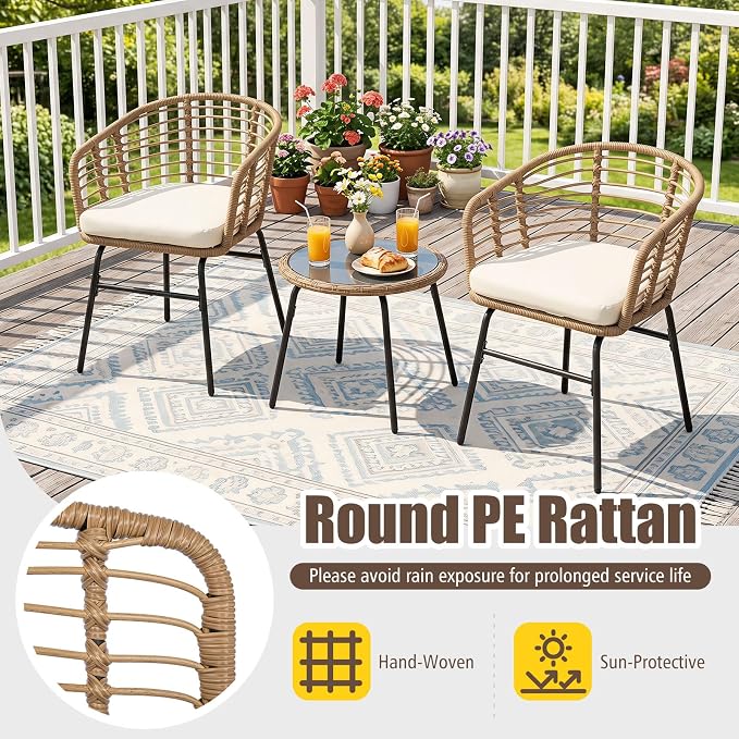 Tangkula 3 Pieces Patio Furniture Set, PE Rattan Bistro Chairs with Tempered Glass Coffee Table and Soft Cushions, Outdoor Wicker Conversation Set for Porch, Balcony, Garden and Poolside (Off White)