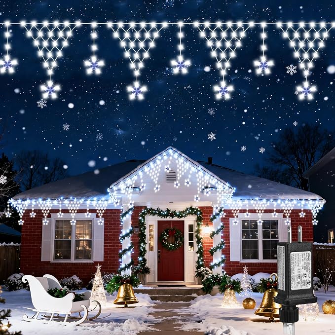 Christmas Lights Outdoor, 218 LED 13.8ft 8 Modes Curtain String Lights with 12 Drops Star, Plug-in Christmas Icicle Lights for Wedding, Party, Eaves, Xmas Yard Decorations - White