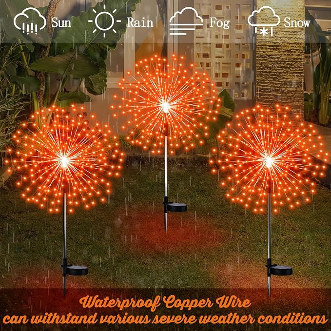 Tujoe 6 Pcs Fall Solar Firework Stake Lights 180 LED 8 Modes Solar Waterproof LED Sparkler Lights Outdoor Decoration for Summer Halloween Xmas Holiday Garden Patio Yard Pathway Walkway, Orange