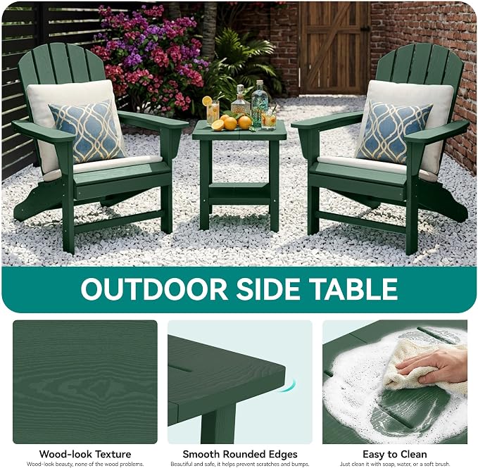 PLUUV Outdoor Side Table, 2-Tier Storage Patio Side Table, All Weather HDPE Adirondack End Table Outdoor for Patio, Garden, Balcony & Living Room, Dark Green
