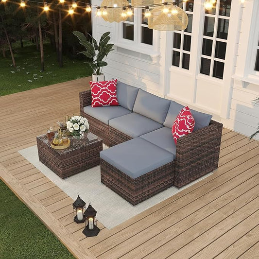 5-Piece Outdoor PE Wicker Patio Furniture Set, Water-Resistant Sectional Sofa With Plush Cushions, Tempered Glass Coffee Table & Ottoman, All-Weather Garden Conversation Set for Porch, Backyard, Grey