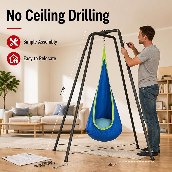 Sensory Pod Hammock with Stand, X-Shaped Anti-Tip Base, Kids Indoor Nest, Outdoor Hanging Chair, Heavy-Duty Steel Frame, Secure 330LBS Comfort, Adults Calm Relax, Family Rooms Gardens Backyards, Blue