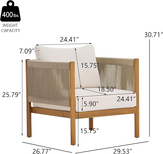 Merax Outdoor Club Chair with Acacia Wood Frame in Teak Look, Beige Rope Panels & Cream Water-Repellent Cushions for Patio & Garden