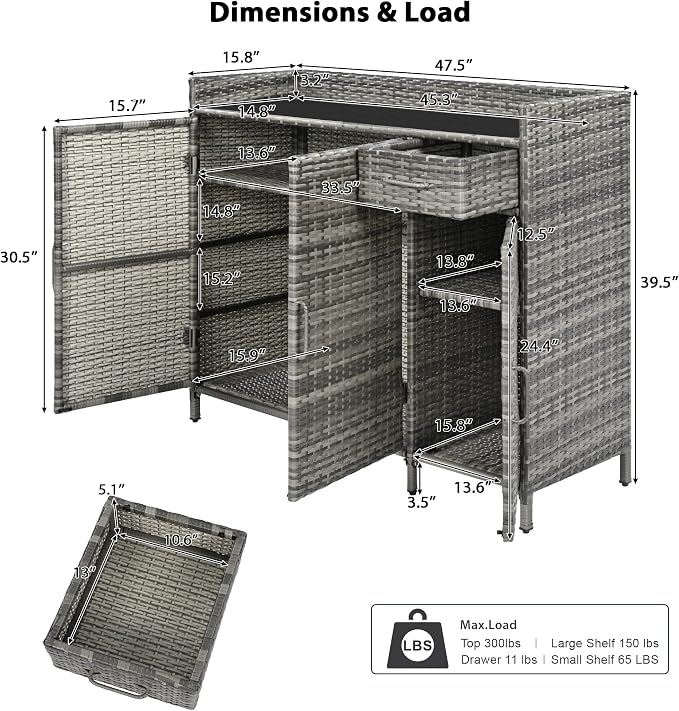 LUMISOL Outdoor Wicker Storage Cabinet with Adjustable Shelf and One Drawer, Weather-Proof Patio Bar Table with Tempered Glass Desktop, Rattan Bar Table with Three Doors for Outdoor Pool Garden, Grey