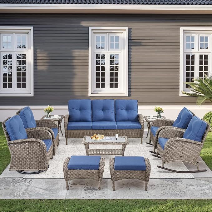 10-Piece Patio Furniture Set-Patio Rocking Chairs Set of 4 Outdoor Rattan Sofa Sets with Coffee Table Outdoor Patio Furniture Sets for Deck Porch Garden Balcony Poolside-Grey/Blue