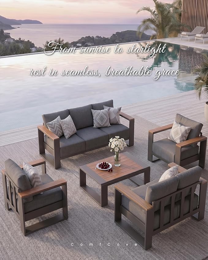 Oversized Aluminum Patio Furniture, 1 Piece Luxury Outdoor Furniture with 7.1" Extra Thick Cushion, Modern Outdoor Sectional 3-Seat Sofa for Porch, Garden and Deck, Gray