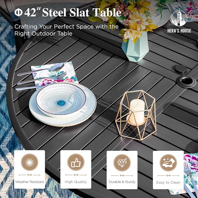 HERA'S HOUSE 5pc Patio Dining Set for 4, 42" Round Metal Table | Red textilene chairs, umbrella hole. Waterproof, rust-resistant, all-weather for backyard, porch