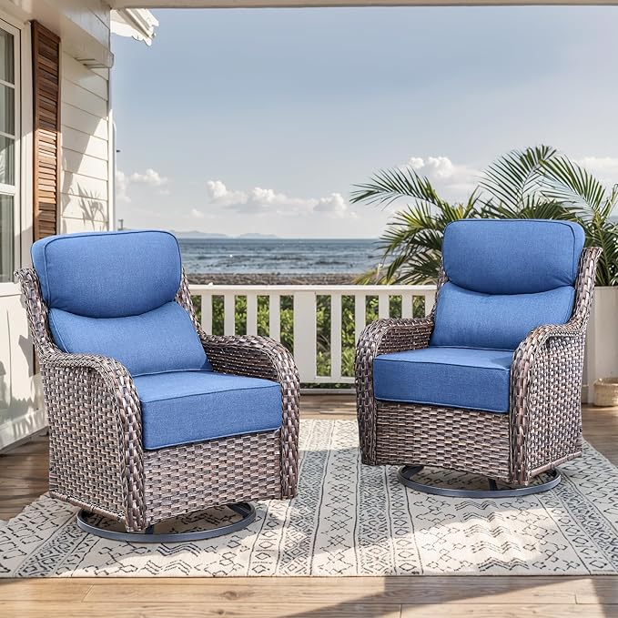 HUMMUH Outdoor Wicker Swivel Rocker Chairs, Set of 2, High Back | 6 in 28D foam cushions, 360° swivel and glide motion, PE wicker, metal frame, 350 lb capacity per chair